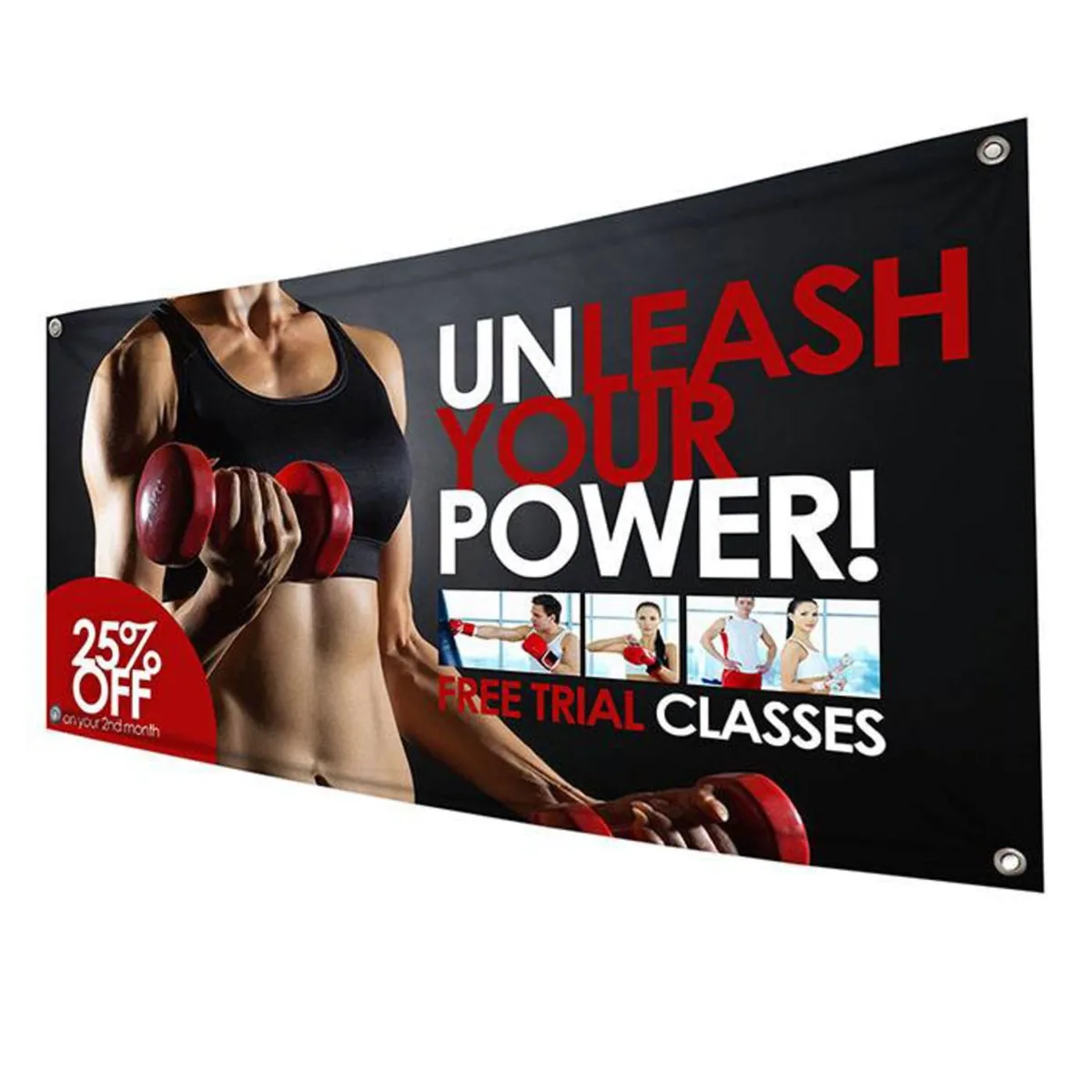 Printed vinyl banner with grommets stretched between two posts