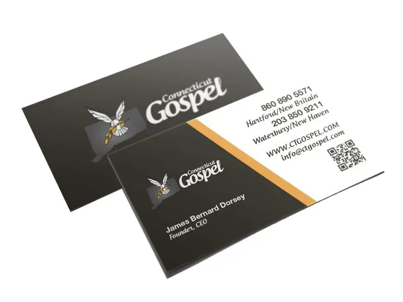 Two dark business cards with gold and white logo printing