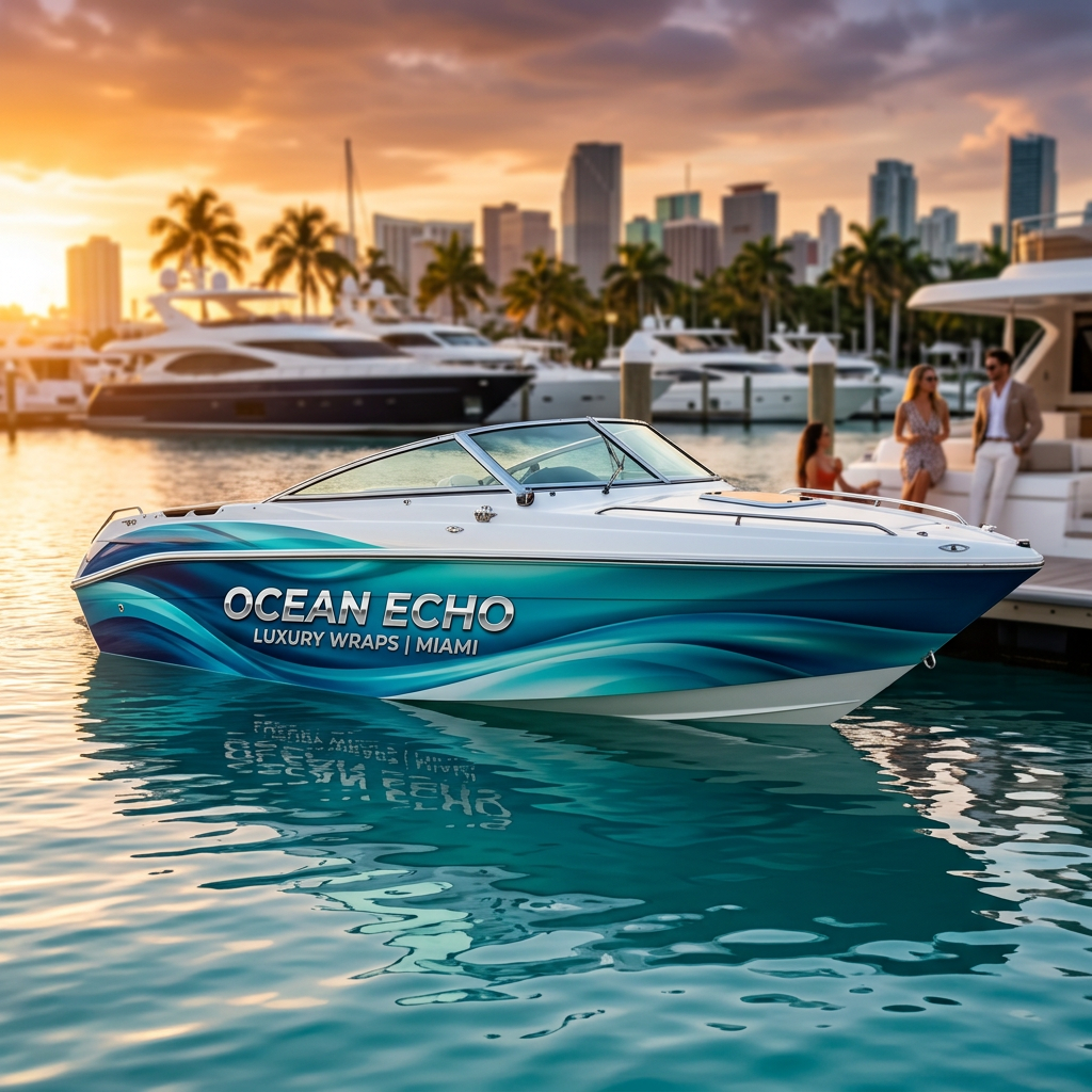 Powerboat on a trailer with a full flame-graphic vinyl wrap along the hull