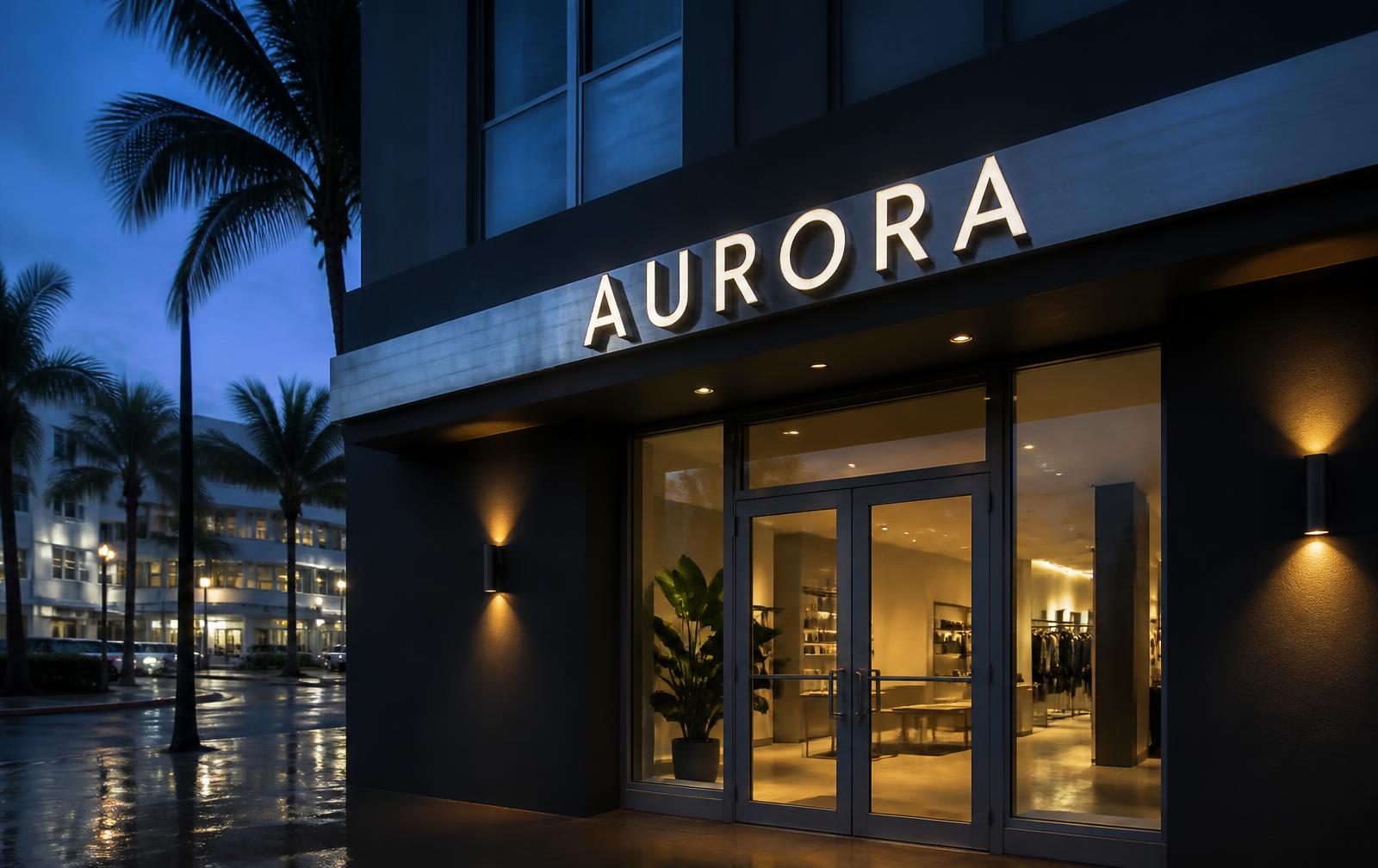 Illuminated dimensional channel letters above a storefront at blue hour