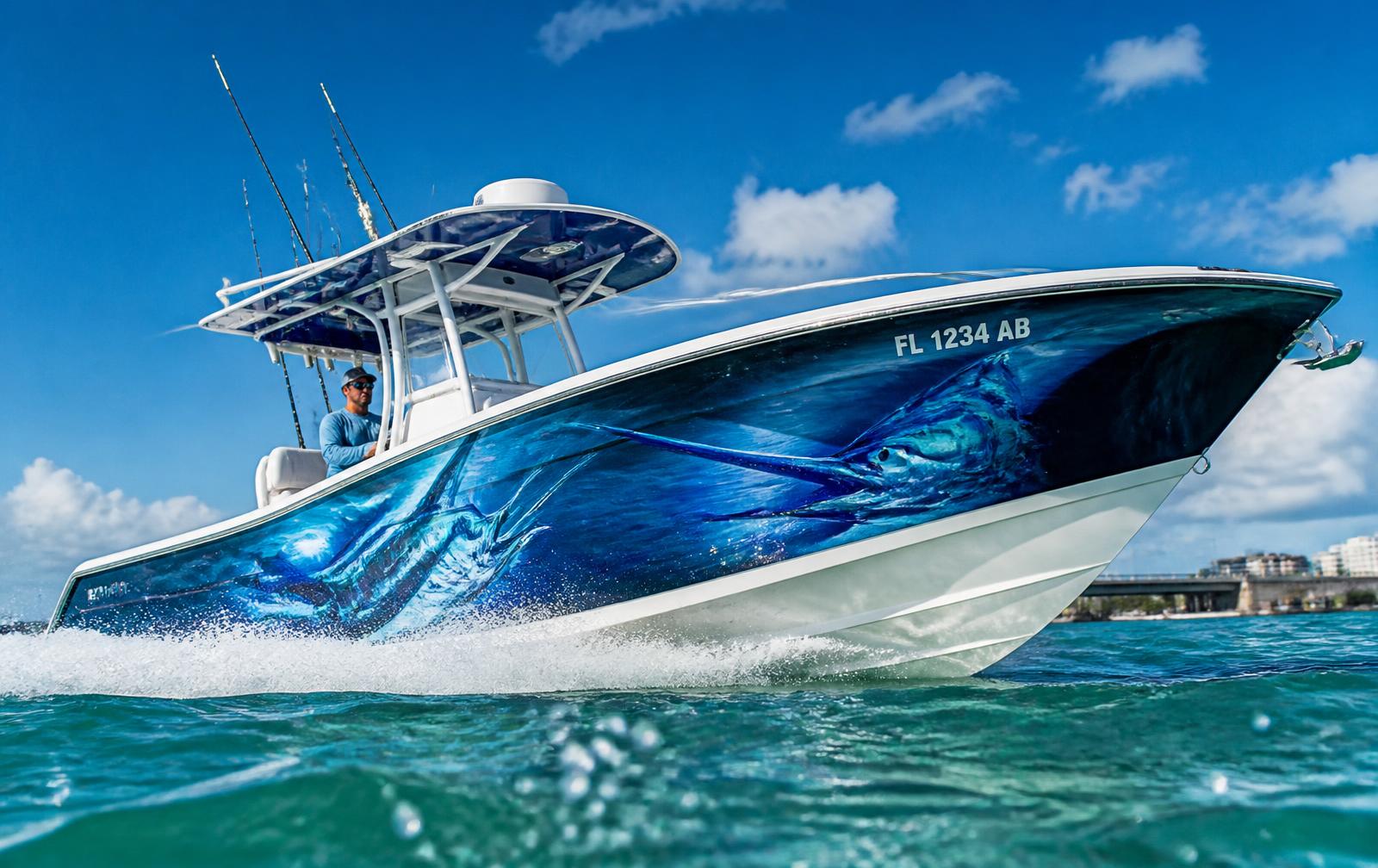 Sport boat with a full custom printed vinyl hull wrap running through turquoise water