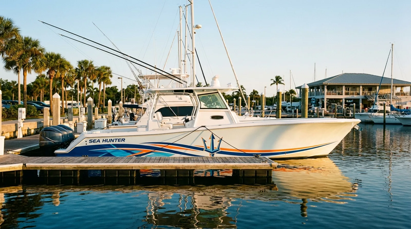 Sport fishing boat at a marina with a graphic stripe along the hull