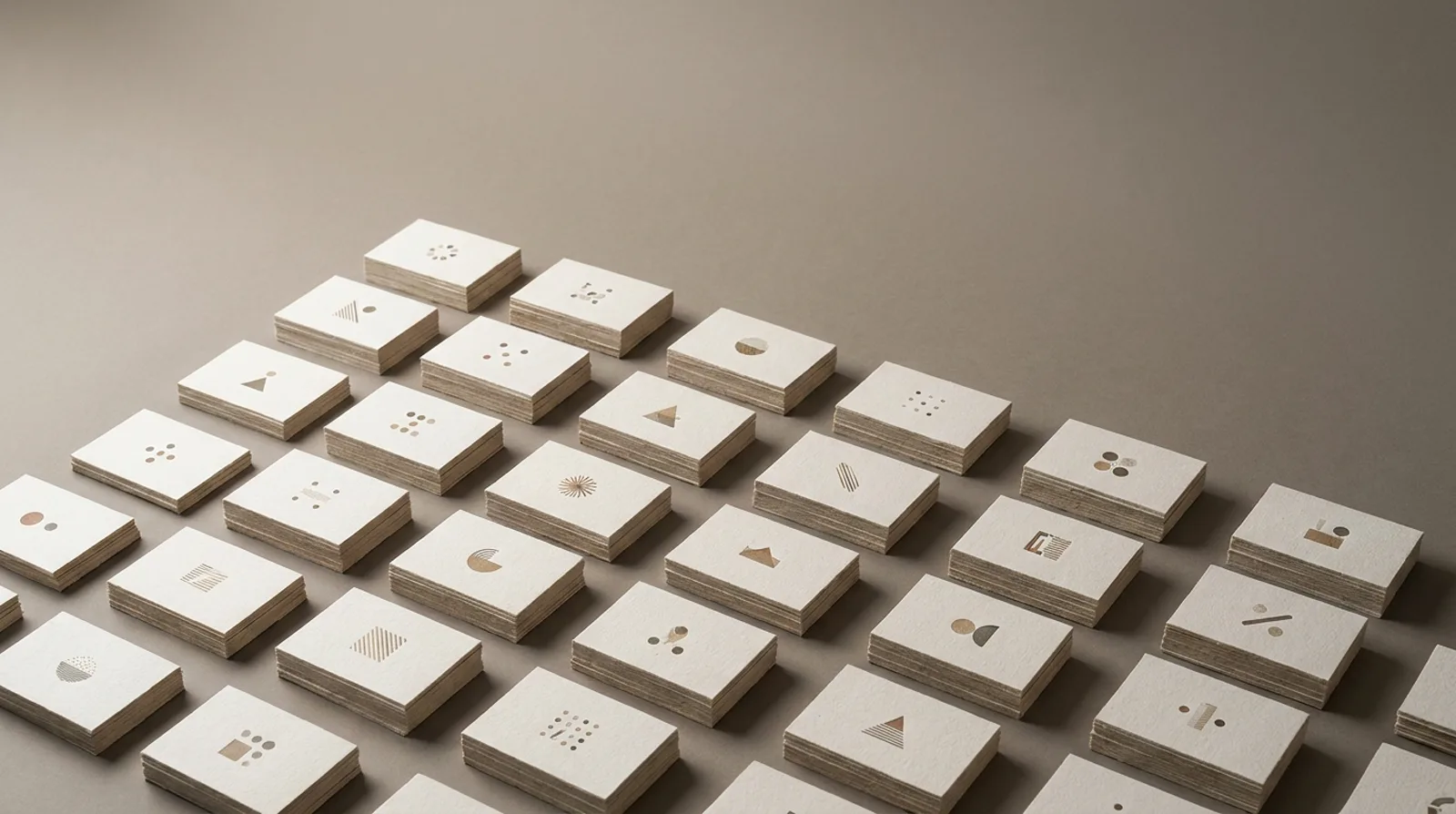 Stacks of business cards with a paper swatch fan on a desk