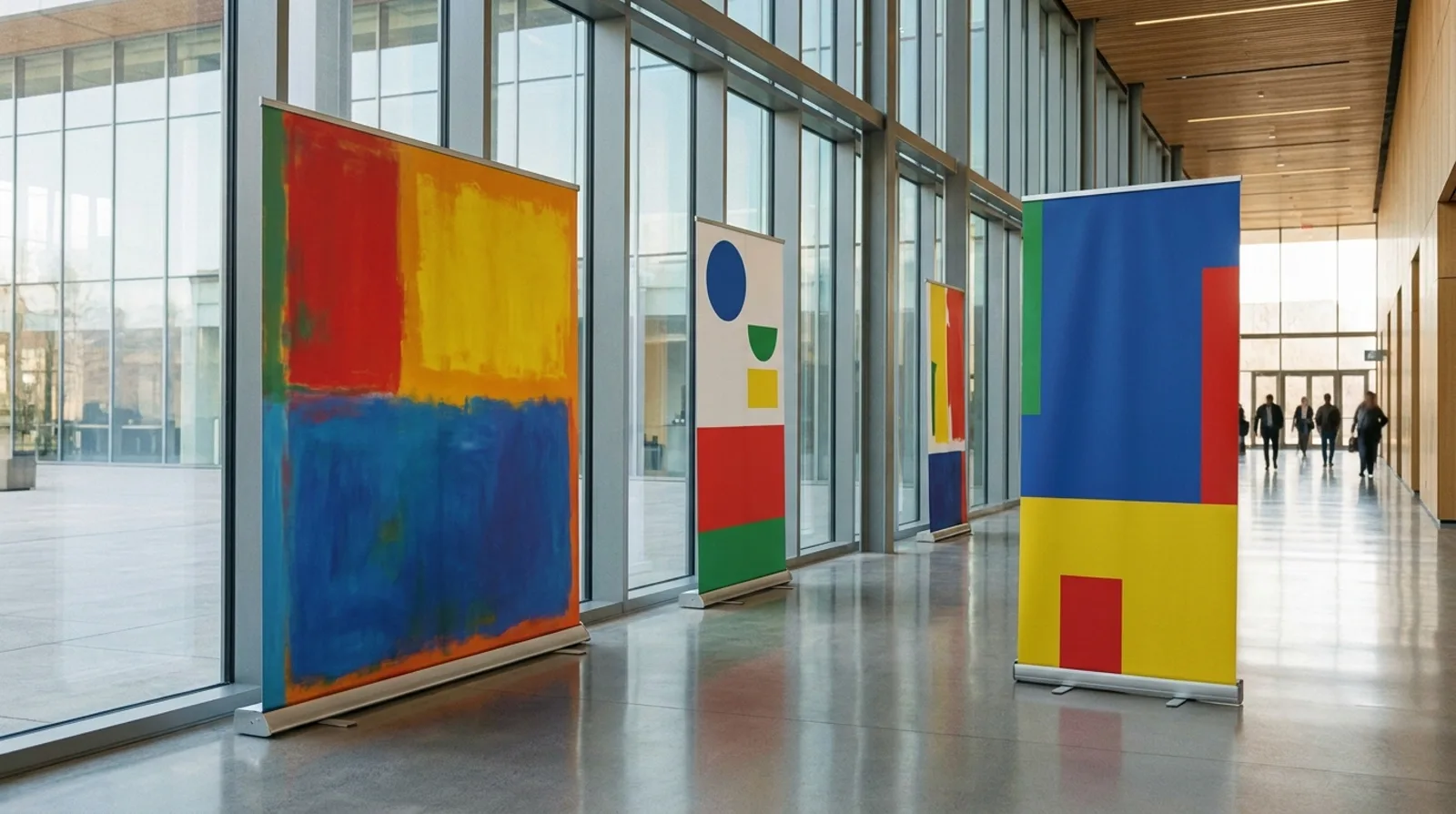 Three roll-up banner stands lined along a glass wall in a bright conference lobby
