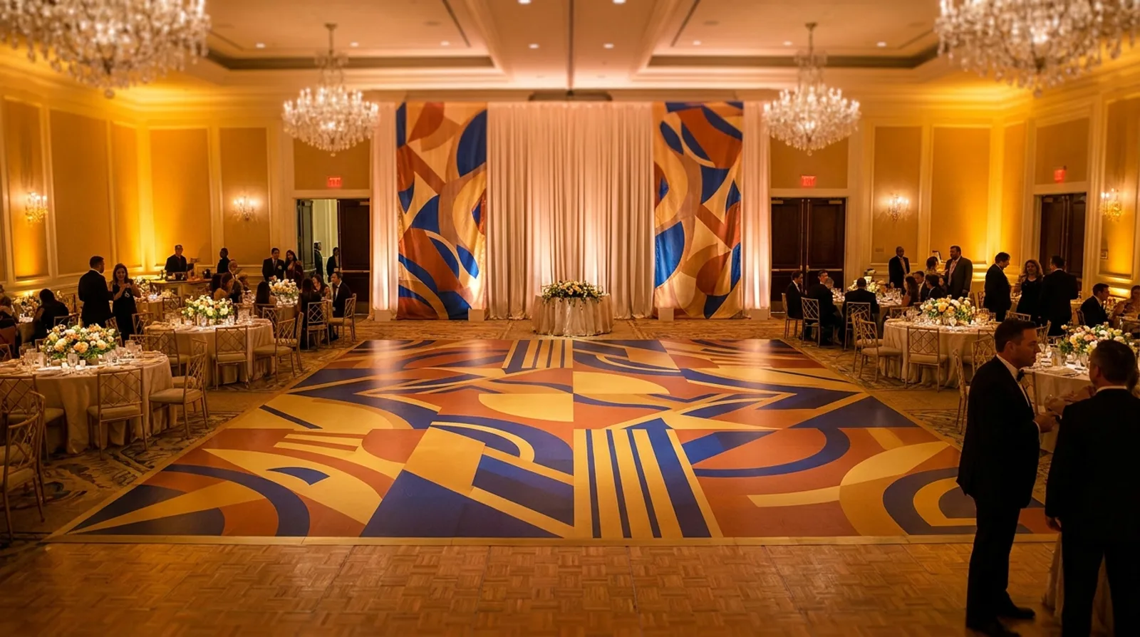 Ballroom with a printed floor graphic and fabric backdrop