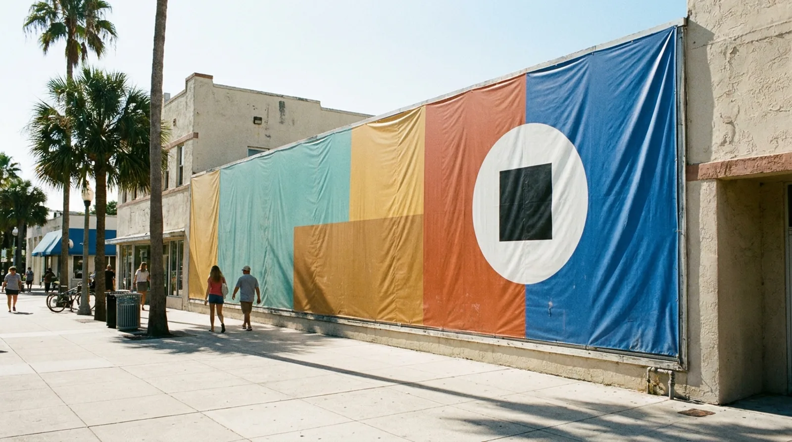 Large printed banner across a building facade on a palm-lined street