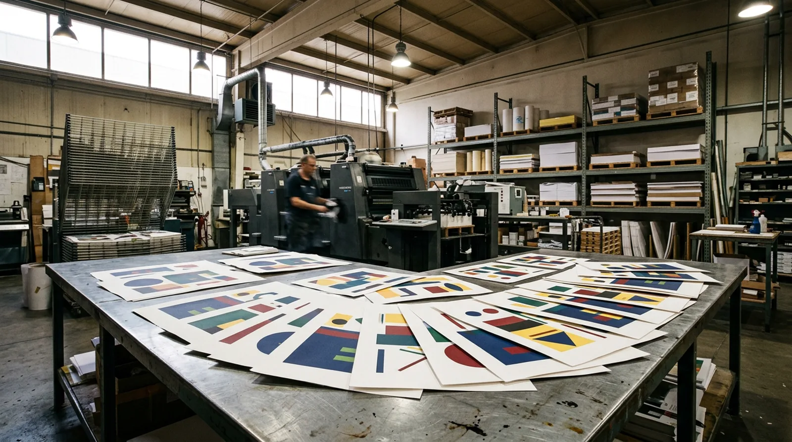 Print shop floor with freshly printed sheets fanned across a steel table and an offset press behind