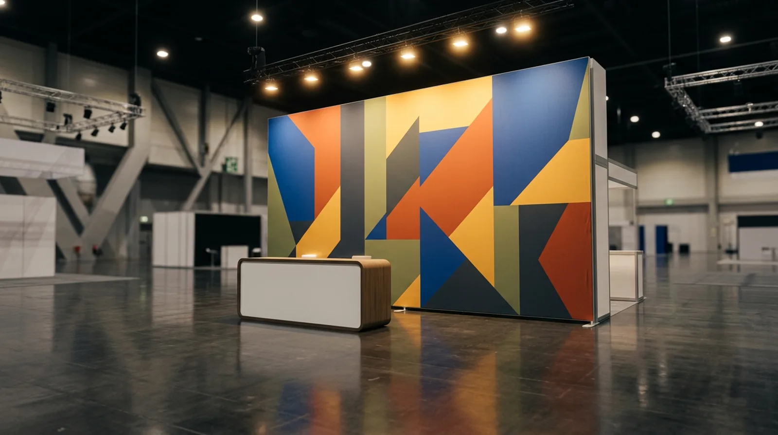 Curved tension-fabric trade show display with a printed graphic