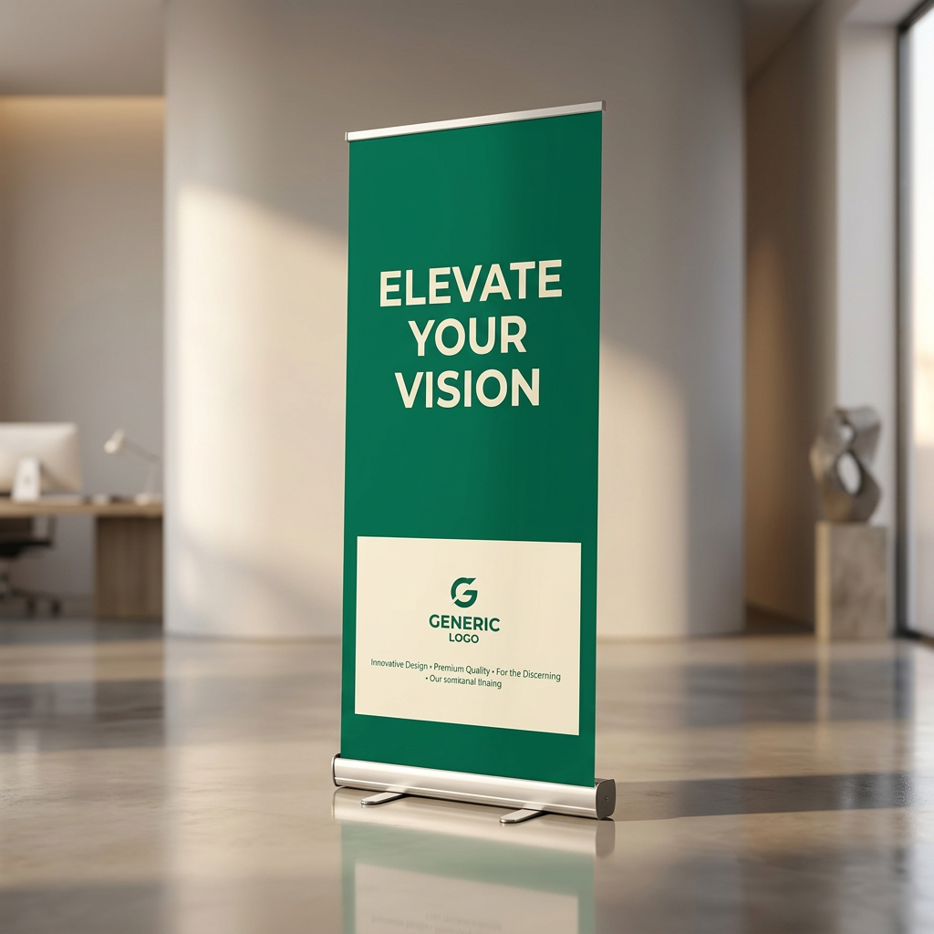 Retractable roll-up banner stand with a full-height printed graphic