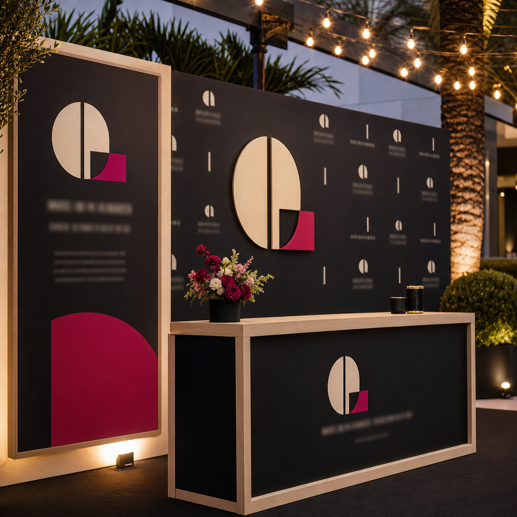 Printed event backdrop and branded columns built for an outdoor activation