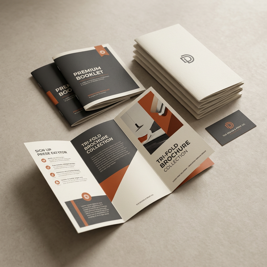 Printed tri-fold brochures fanned across a pale wood surface