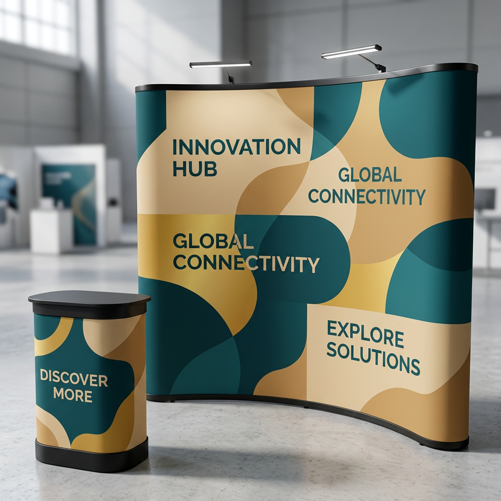 Curved tension-fabric display wall with a printed graphic and a matching counter